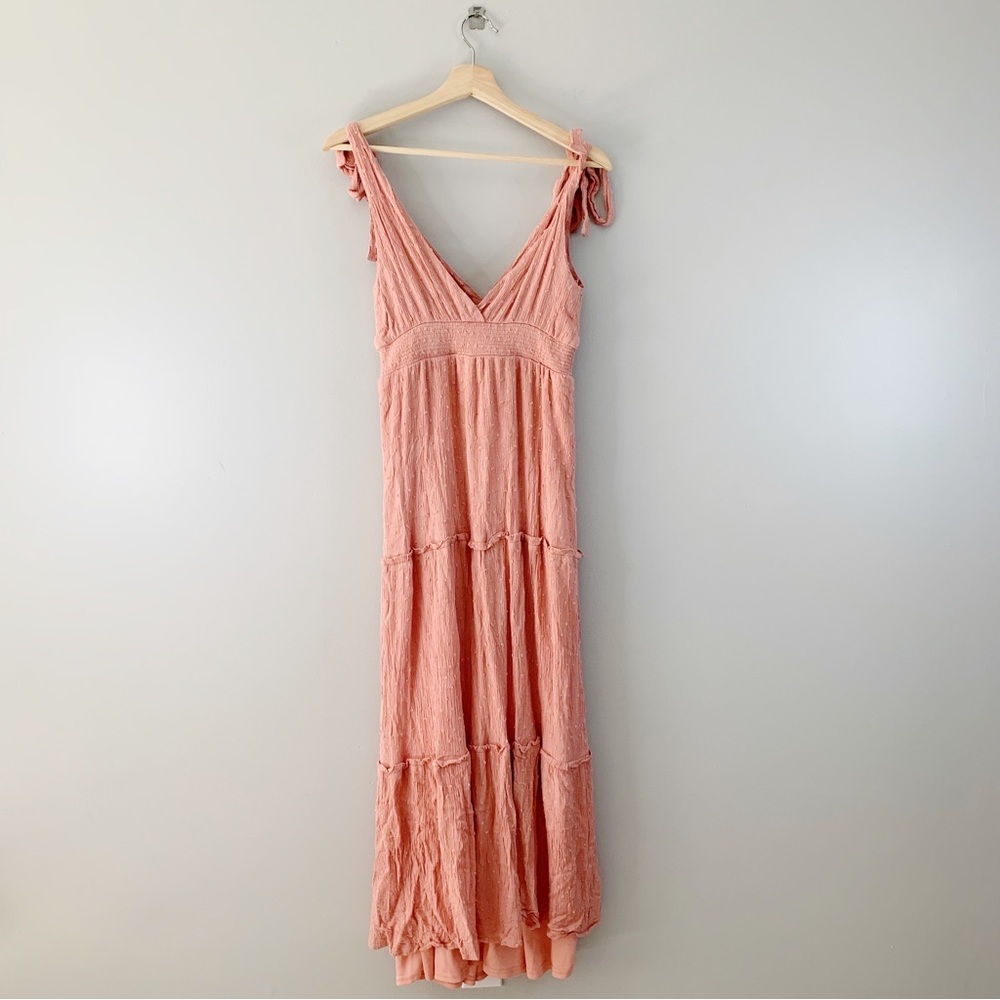 Lulus Sensationally Sweet Rusty Rose Tie-Strap Swiss Dot Maxi Dress Size Small S
